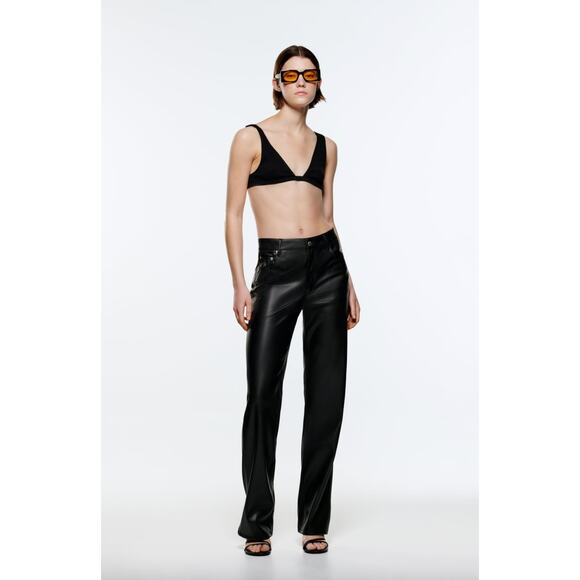 Zara Full Length‎ Faux the '90s Leather Pants in Black High Waist Straight Leg 4 - Picture 1 of 11